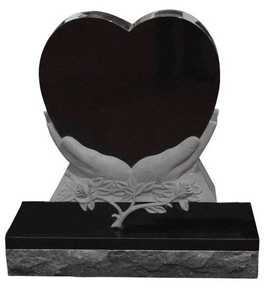 Black Marble Heart Shaped Gravestone with Grey Hand Sculptures